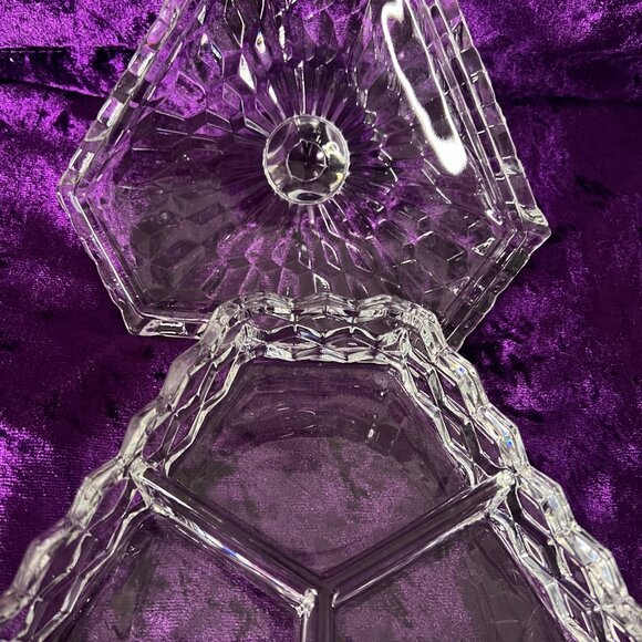 Clear Glass Triangular Display Dish with Lid – Vintage Cut Crystal Style - Picture 2 of 6